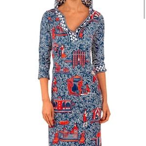 Gretchen Scott Designs Blue and Red Wrap Dress with Plunge Neckline